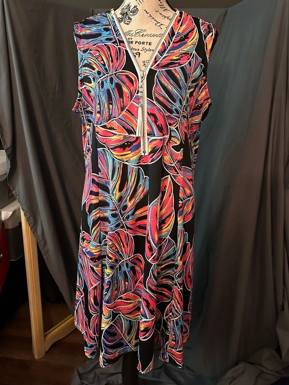 Shoreline Tropical Leaf Zip-Front vibrant colored A-Line Dress